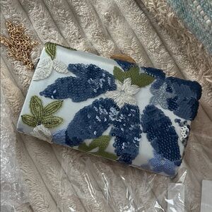 Blue Sequin Clutch with Gold Accents